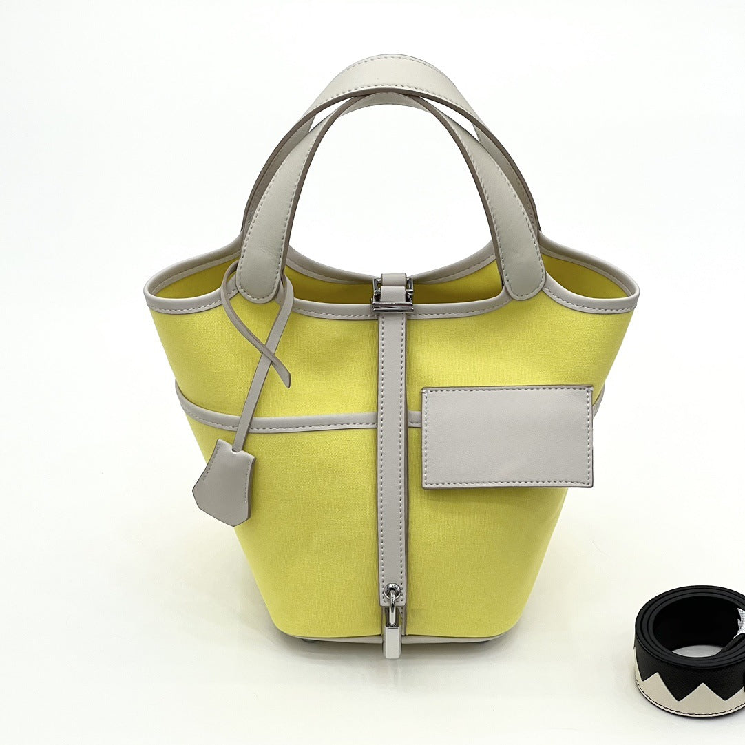 小众设计蜡线菜篮子帆布拼接平纹真牛皮口袋包手提手拎女包水桶包