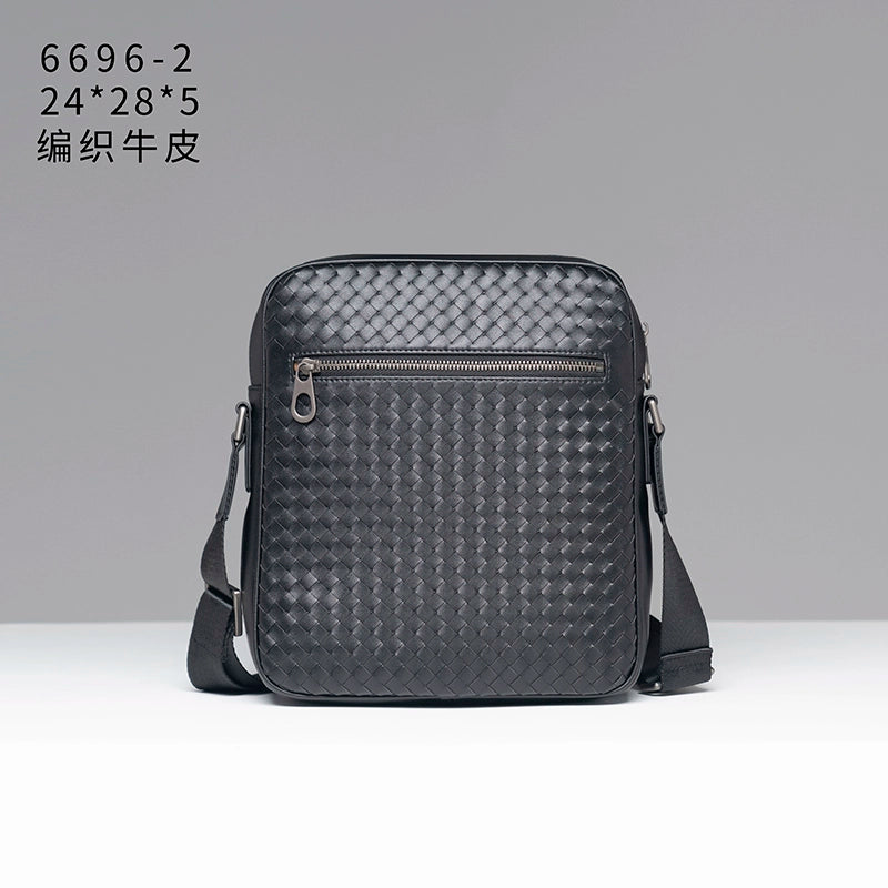 X&BV单肩包男真皮休闲时尚潮男小背包商务黑色编织平板男包斜挎包