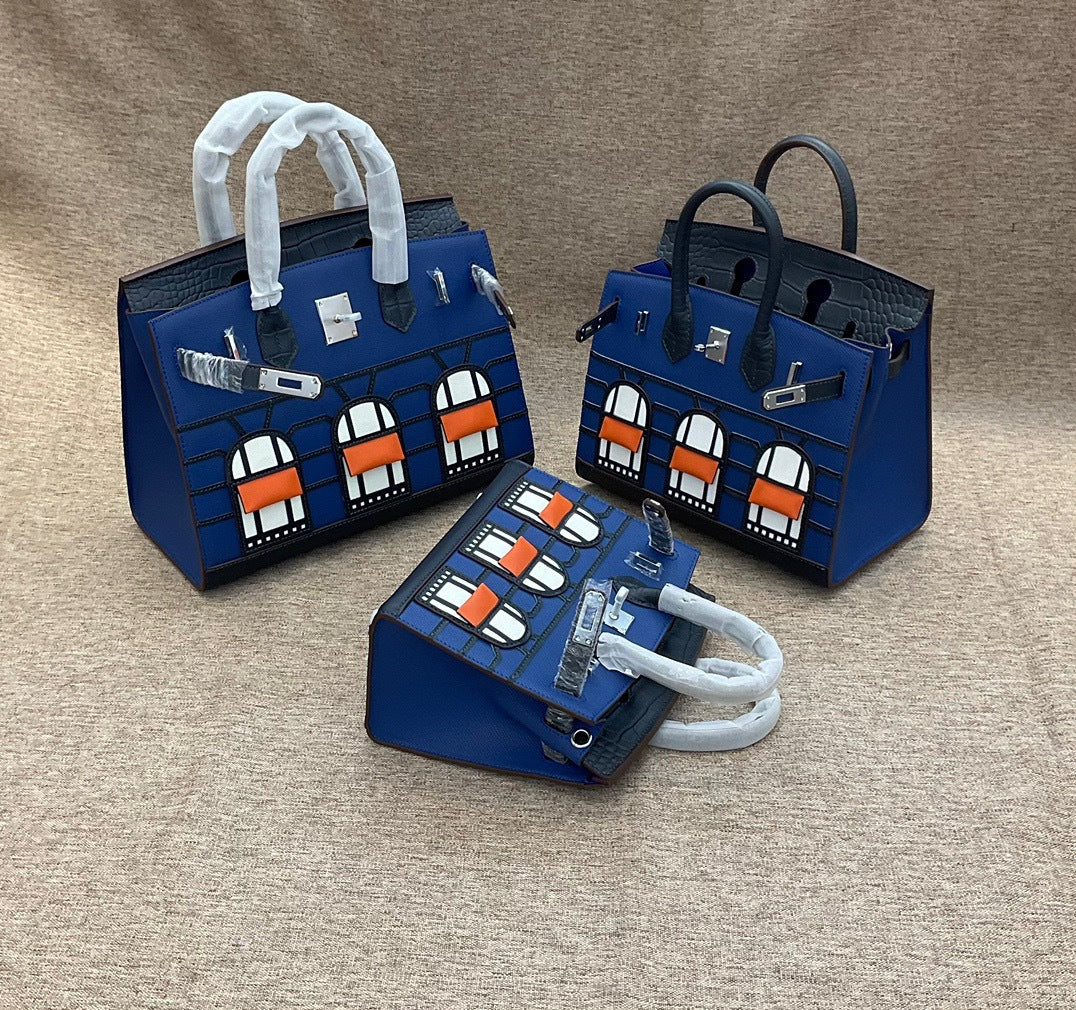 2024真皮手掌纹拼鳄鱼纹牛皮小房子包铂金包时尚拼色手提斜跨女包