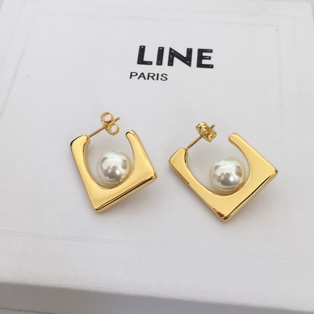 赛林家22新款几何型方框珍珠耳钉女式光身高级感气质港风金色耳环