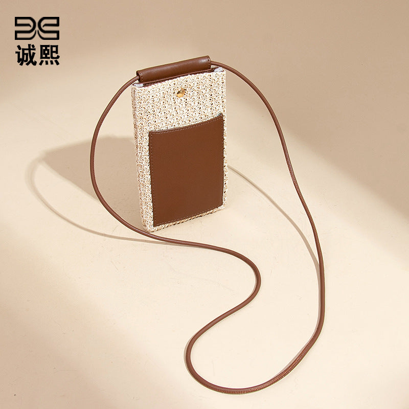 2025夏季新款拉菲草手机包清新百搭单肩斜挎包竖款时尚零钱袋小包