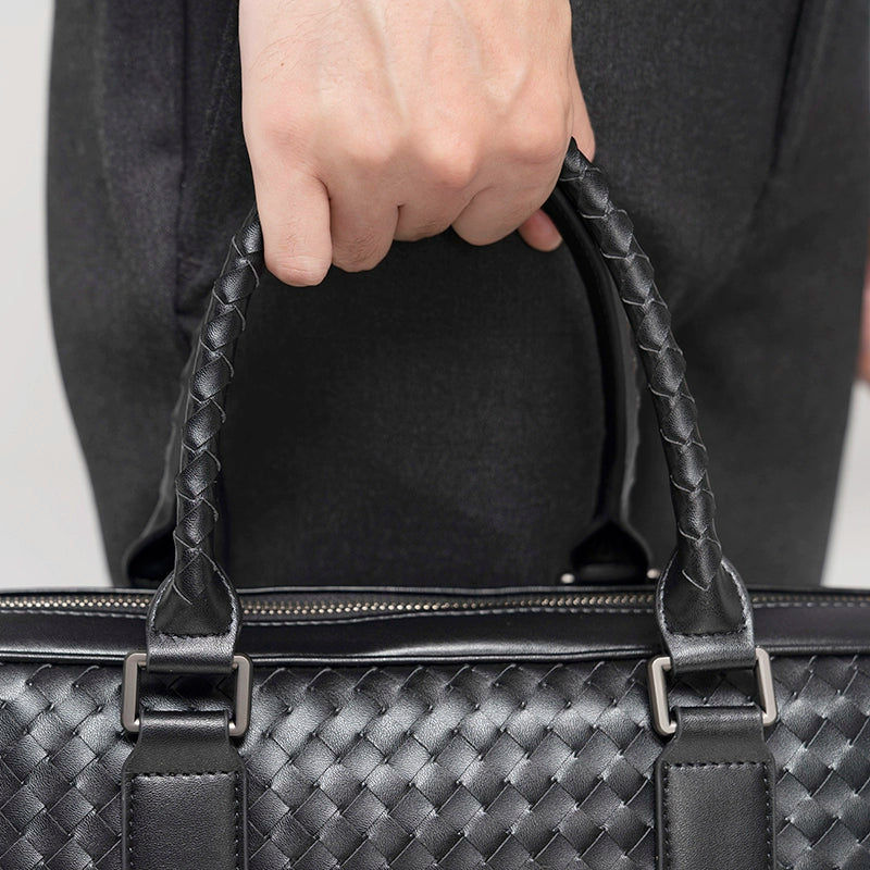 X&BV手提包男商务电脑包大容量编织男包单肩挎包包男士公文包真皮