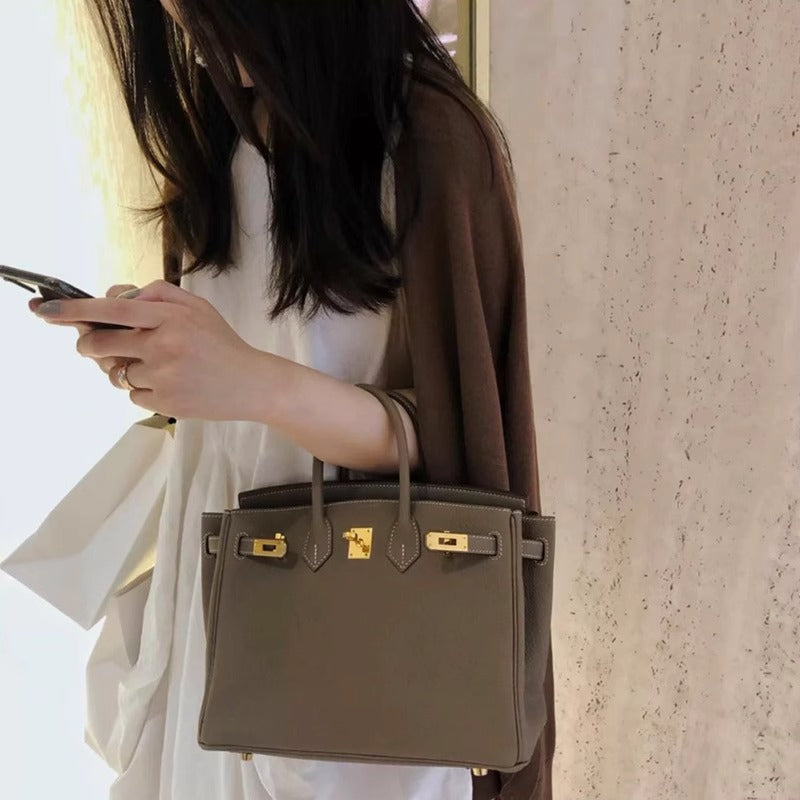 欧美外贸款头层牛皮荔枝纹铂金包真皮女包手提包单肩斜挎凯莉大包