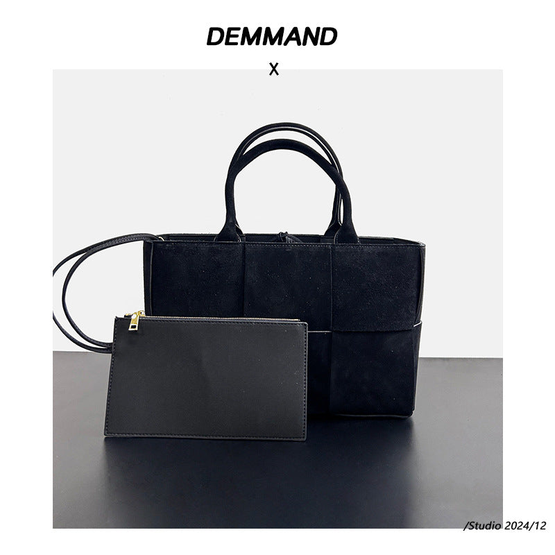 2024新款磨砂皮手工编织女款手提包大容量托特包购物袋单肩字母包