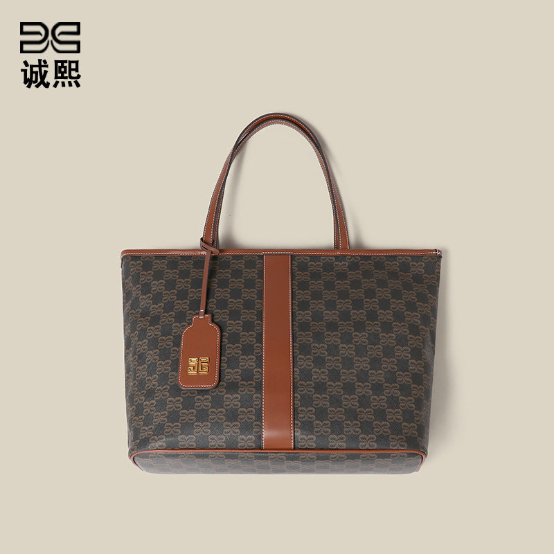 高级感大容量老花手提托特包时尚潮流大容量购物袋休闲单肩腋下包