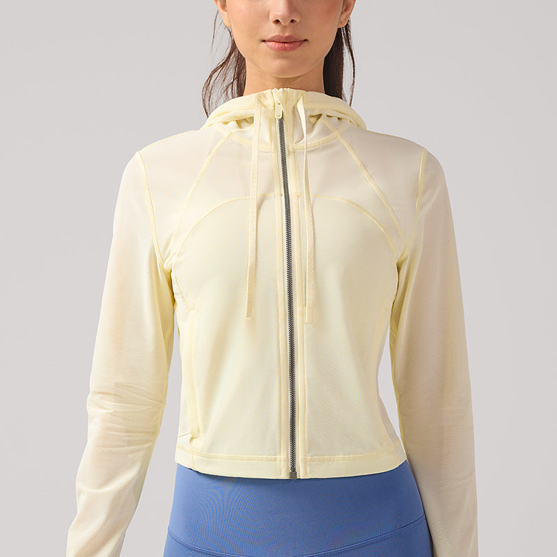 lulu防晒瑜伽服外套女士吸湿透气速干运动上衣网面短款连帽夹克