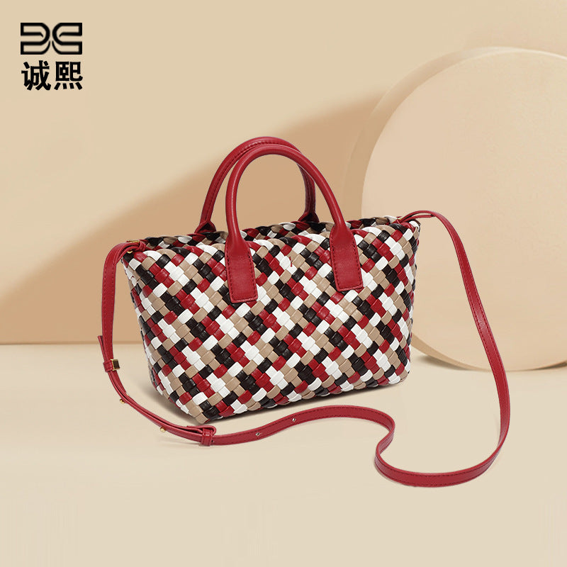 跨境2025新款撞色女士手提包时尚潮流手工编织包高级感单肩斜跨包