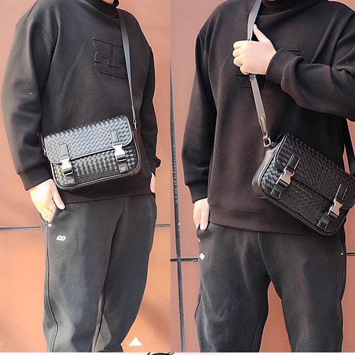 直播代发男士真皮编织邮差包纯牛皮休闲骑行时尚女男生单肩斜挎包