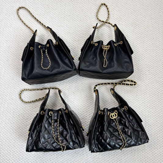 时尚简约小香25C hobo菱格抽绳水桶包复古腋下包单肩手提嬉皮女包