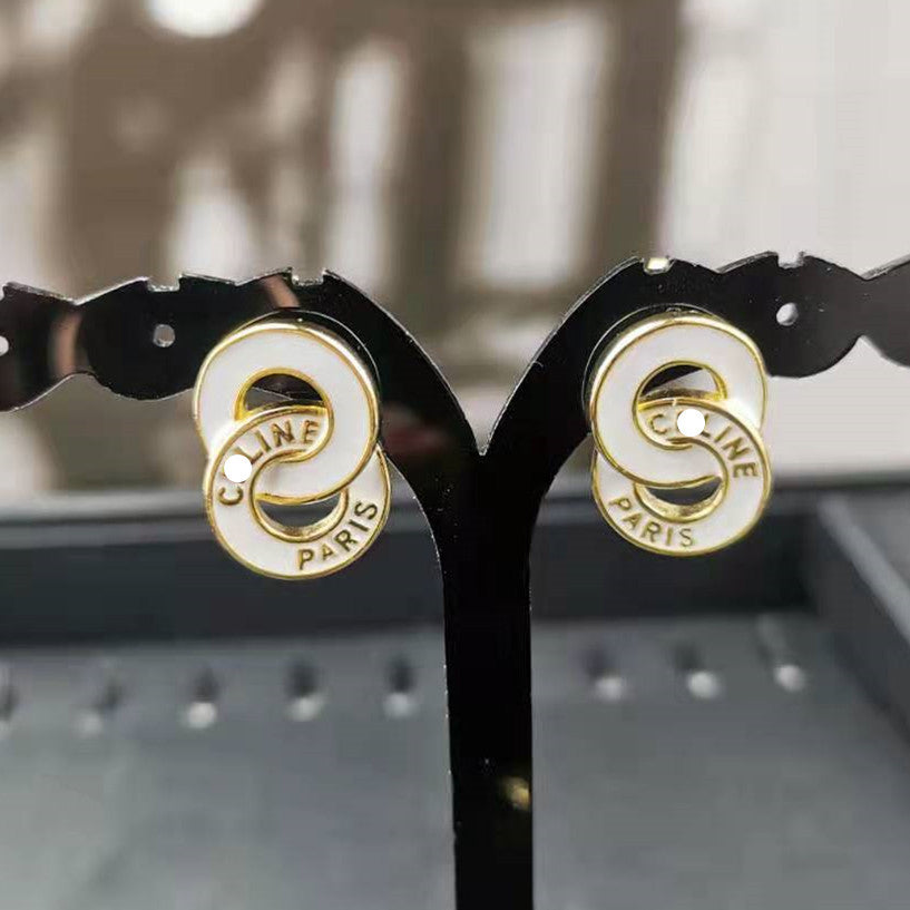 赛家新款法式8字母圆圈耳环黑白滴胶双圈复古双环耳钉时髦耳饰