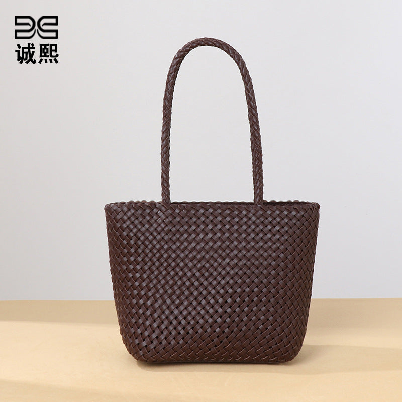 新款菜篮子网红真皮女包单肩托特包手工编织包手提个性潮流腋下包