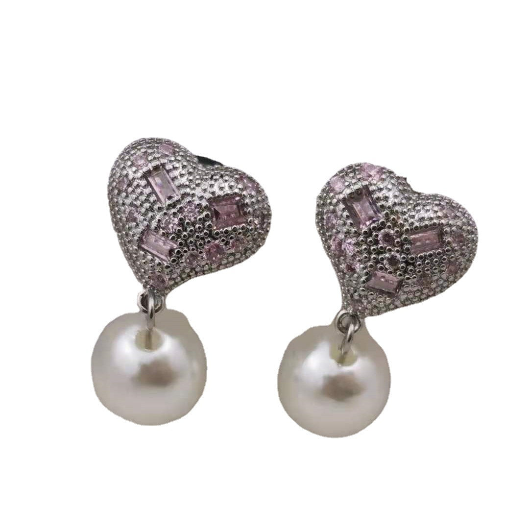 缪家21新款粉水晶心形珍珠耳环批发高级感气质几何形粉钻爱心耳钉