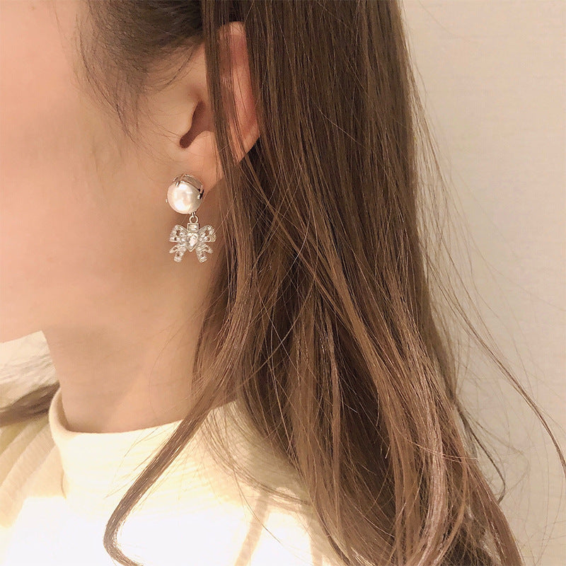 缪家新款耳环时尚甜美气质水晶耳饰品超仙ins风蝴蝶结珍珠耳钉女