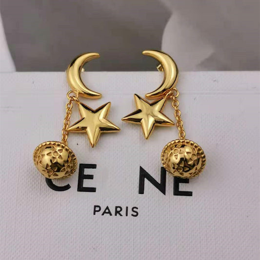 赛家新款月亮星球耳钉长款耳线高级感复古气质中古星星星球耳坠