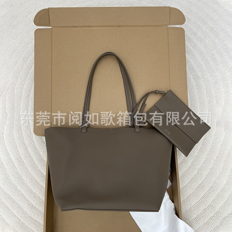 潮 极简togo头层小牛皮大容量托特tote手提单肩斜挎包 无痕代发