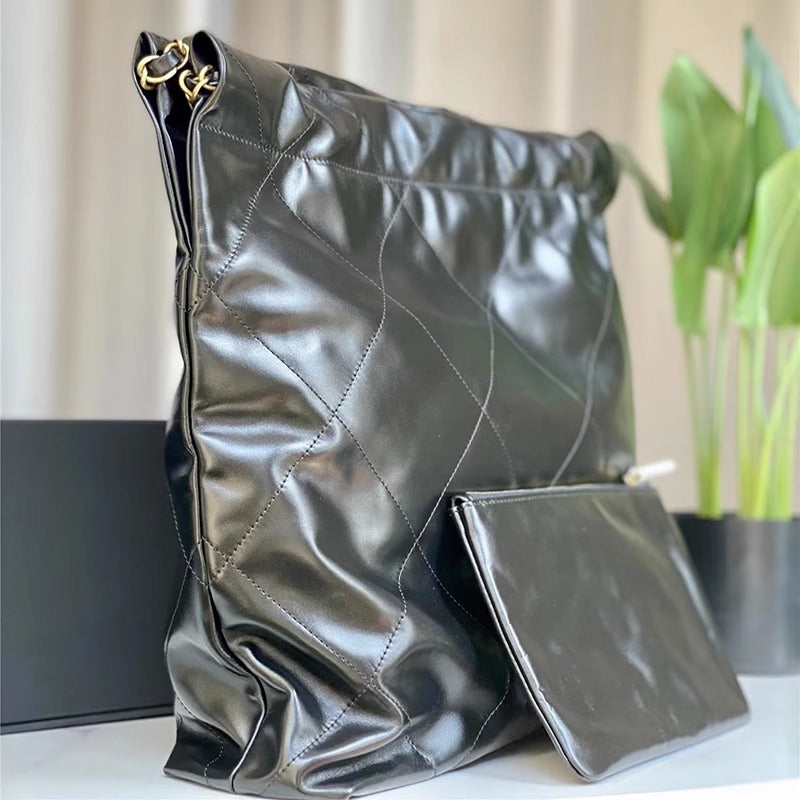 小香风ins潮慵懒风垃圾袋女包22bag大容量托特包真皮菱格包 代发