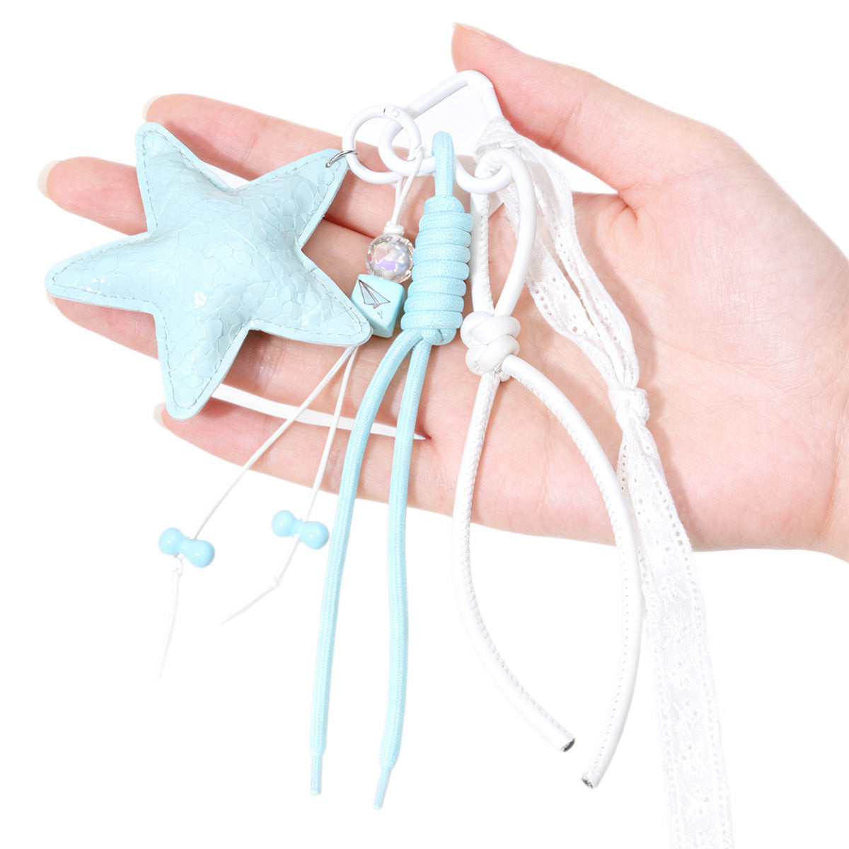 新款miu系丝带亮面皮革五角星小众包包挂件钥匙扣挂绳饰品串珠挂