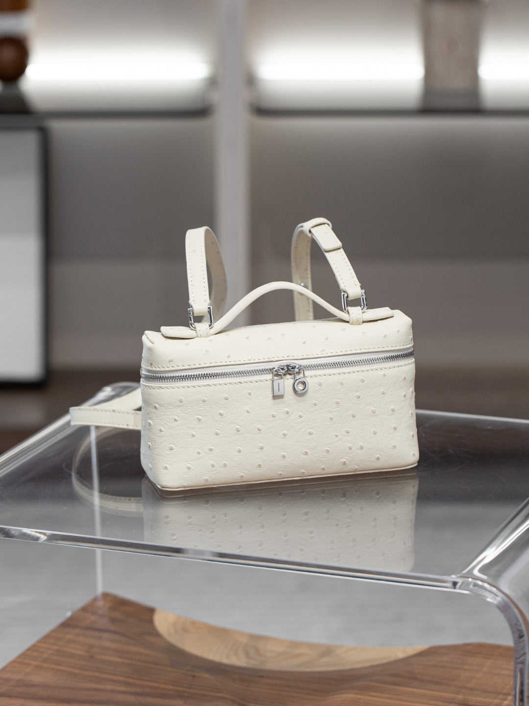 真皮lp包包 19饭盒包高级感鸵鸟纹手提盒子包百搭单肩斜挎小方包