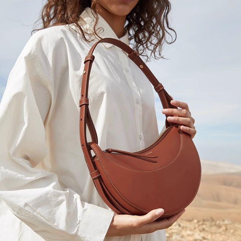 潮 poleno包月牙腋下包法国paris月亮包单肩斜挎包女真皮马鞍包女