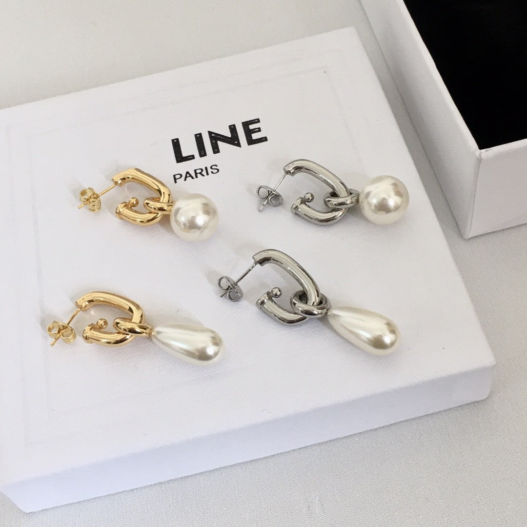 Cel家22新款贝珠不对称耳钉女高级感气质光面几何型珍珠耳环