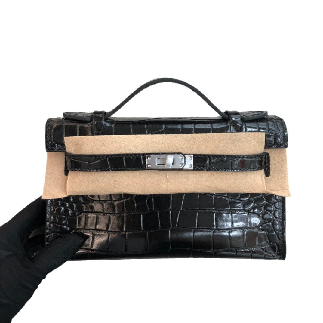 2024新款真皮女包鳄鱼纹牛皮凯莉手拿包晚宴包时尚单肩斜跨包