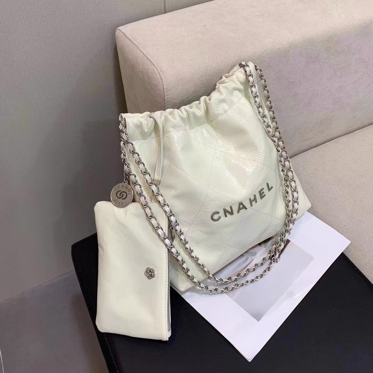 小香黑银垃圾袋包2023新款真皮托特包高级感大容量单肩菱格链条包