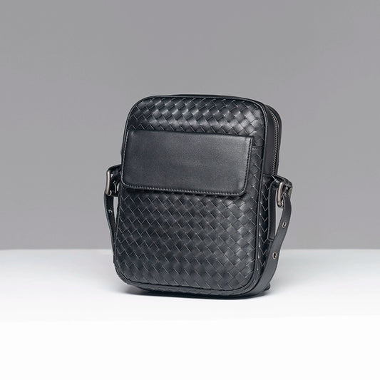 X&BV单肩包男真皮休闲青年潮男竖款牛皮编织斜挎包男士时尚小背包