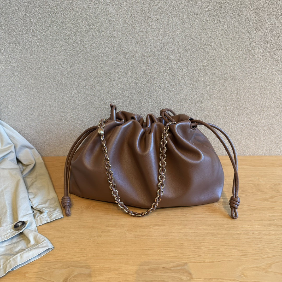 真皮云朵包2024新款时尚单肩包链条牛皮抽带包包斜挎包软皮手拿包
