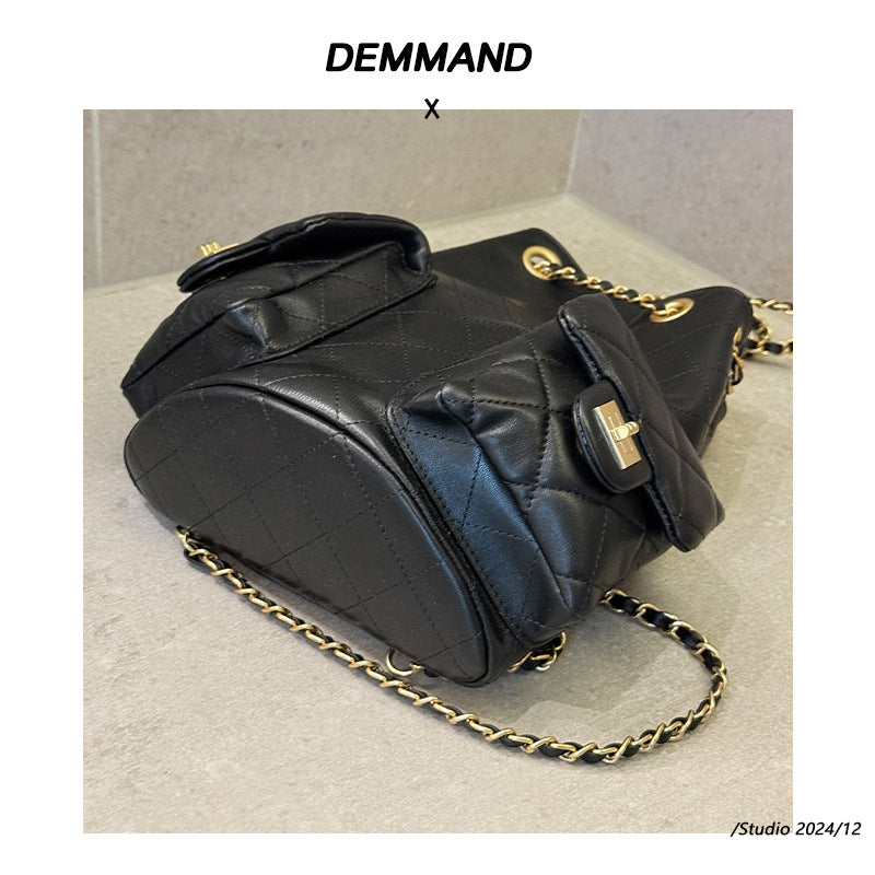 复古双肩包包2025新款抽带菱格手提包小书包女包单肩包包