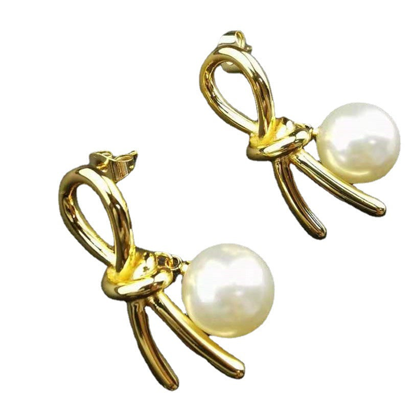 赛家新款几何形耳环法式复古时尚简约金色耳饰品打结珍珠耳钉女