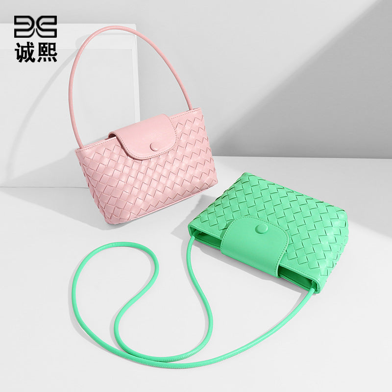 广州工厂批发包包女马卡龙可爱时尚编织手拎腋下包翻盖单肩斜挎包