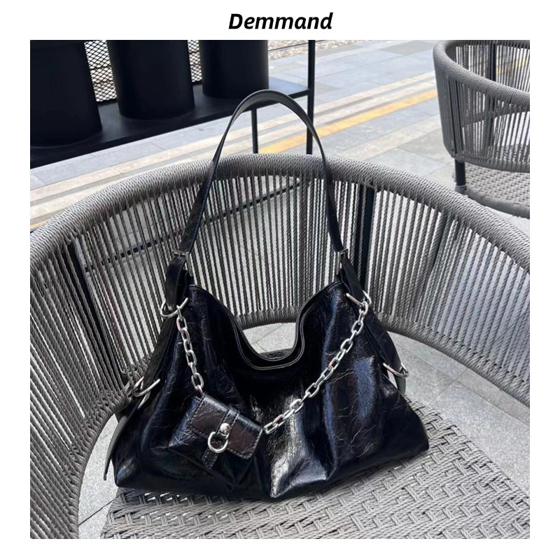 质感牛皮托特包女大容量机车包黑色通勤大包包斜挎单肩水桶包真皮