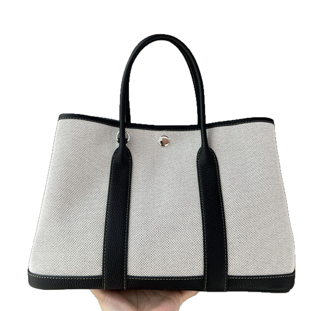 2025帆布女新款手提包时尚休闲通勤大容量头层牛皮撞色花园托特包