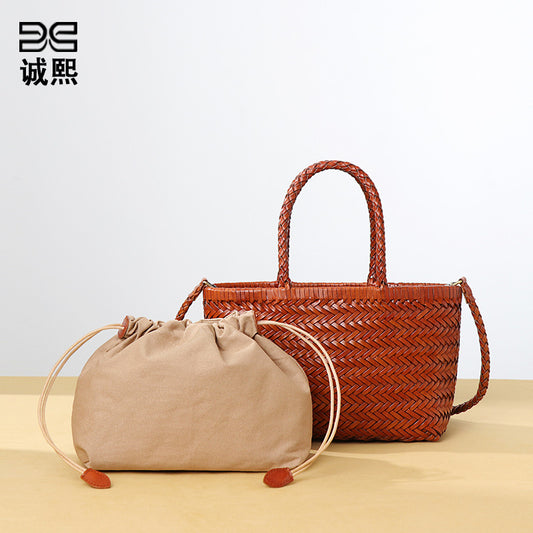 厂家小众设计菜篮子真皮手拎包复古手工编织包单肩斜挎子母编藤包