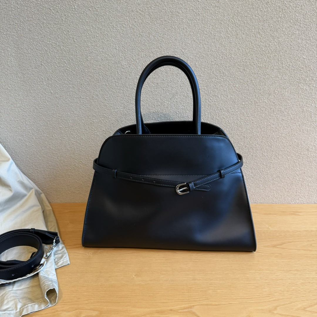 头层牛皮皮带装饰托特包大容量单肩手提包高级慵懒感马鞍包包女