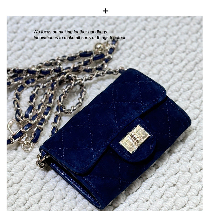 头层牛皮磨砂mini小方包卡包钱包腰包多功能菱格链条包迷你口红包