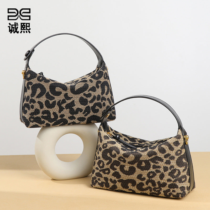 跨境豹纹秋冬新款手拎饭盒包复古大容量单肩斜挎包高级感休闲女包