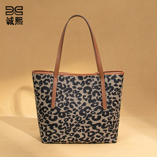 通勤大容量新款豹纹单肩腋下包女士秋冬复古手提包时尚潮流托特包