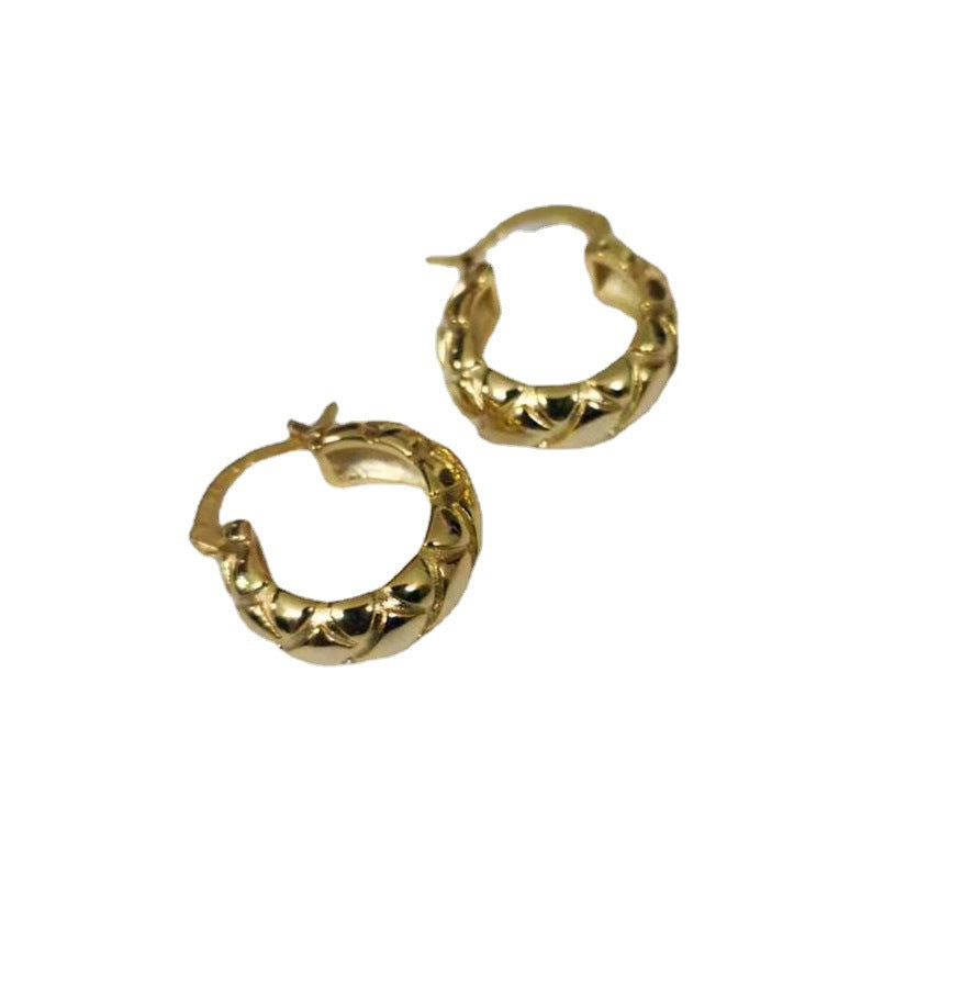 赛家新款格纹耳环复古金色耳钉女法式气质时尚耳饰菱纹圆圈耳圈