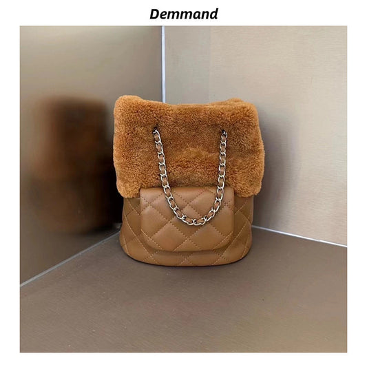 2024春季新款真皮配羊羔毛小香风菱格链条包包单肩斜挎包水桶包女