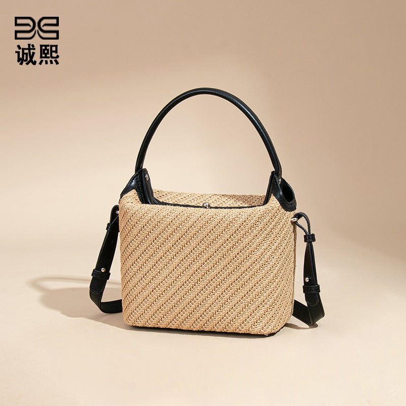 拉菲草女包2025夏季新款手提饭盒包简约单肩斜跨包休闲百搭草编包