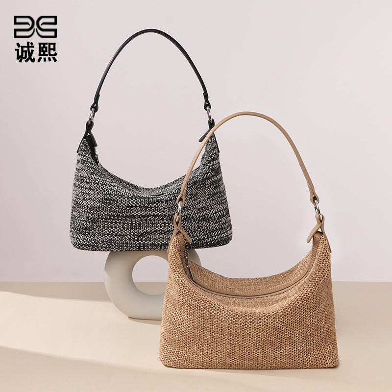 简约时尚拉菲草手提饭盒包清新百搭编织女包通勤大容量单肩腋下包