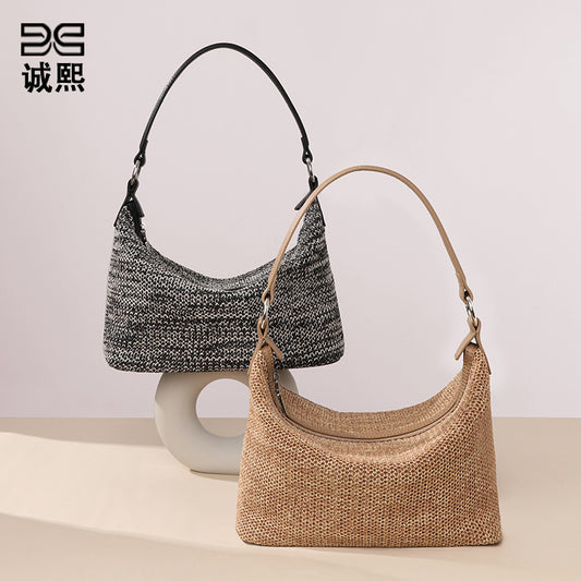简约时尚拉菲草手提饭盒包清新百搭编织女包通勤大容量单肩腋下包