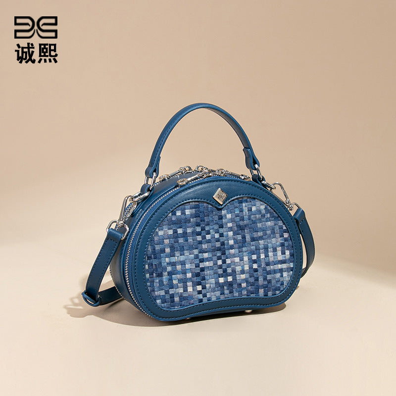 时尚韩版2025新款手拎小圆包小众设计百搭单肩斜跨包休闲编织女包