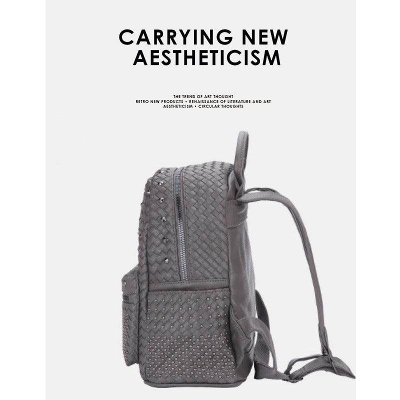 双肩包包女2025新款潮单肩斜挎两用女包时尚编织铆钉背包一件代发