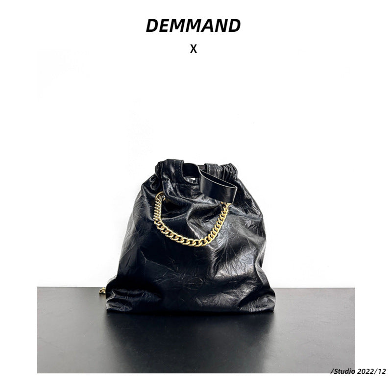 网红同款质感牛皮爆裂纹垃圾袋链条包暗黑潮酷百搭单肩斜挎包