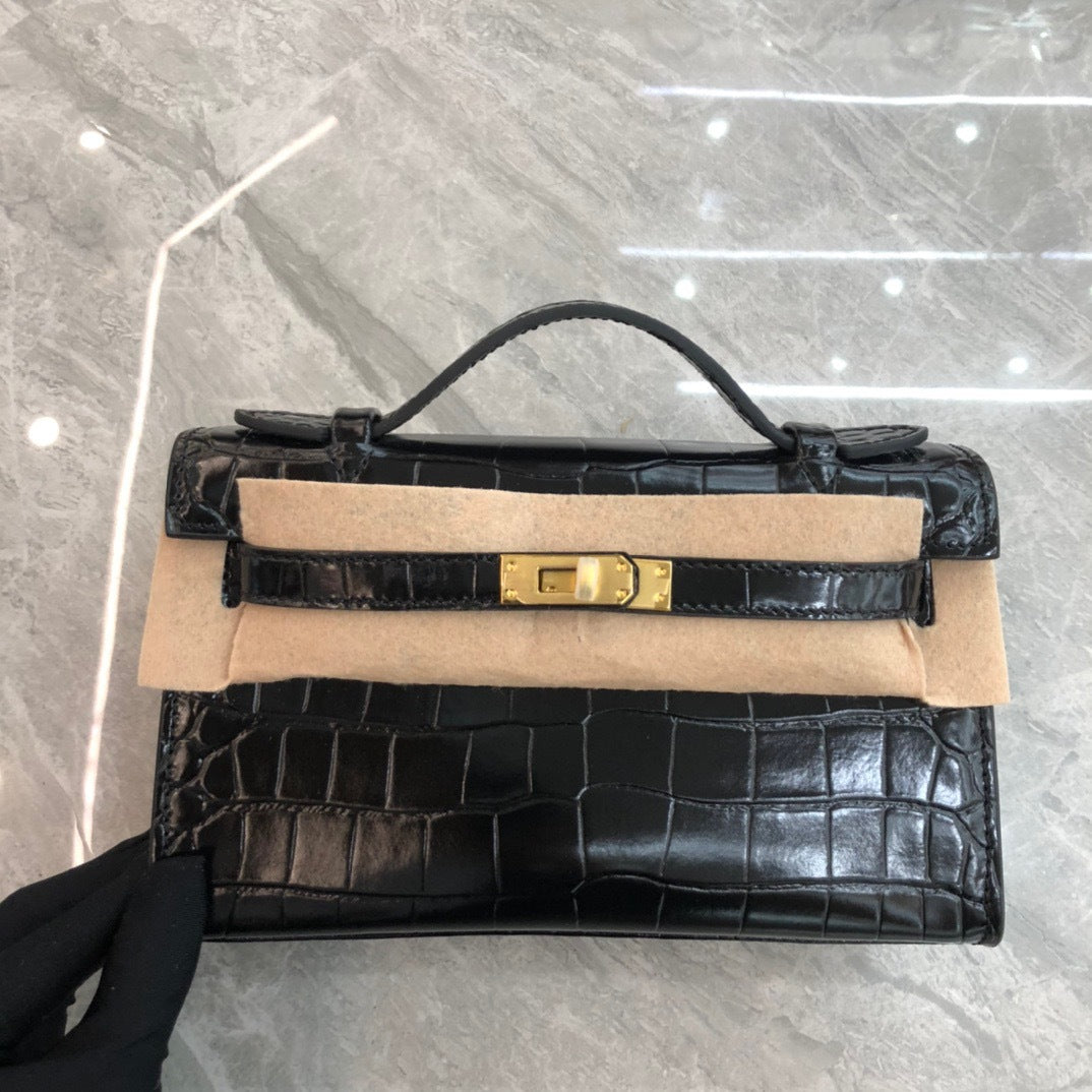 2024新款真皮女包鳄鱼纹牛皮凯莉手拿包晚宴包时尚单肩斜跨包