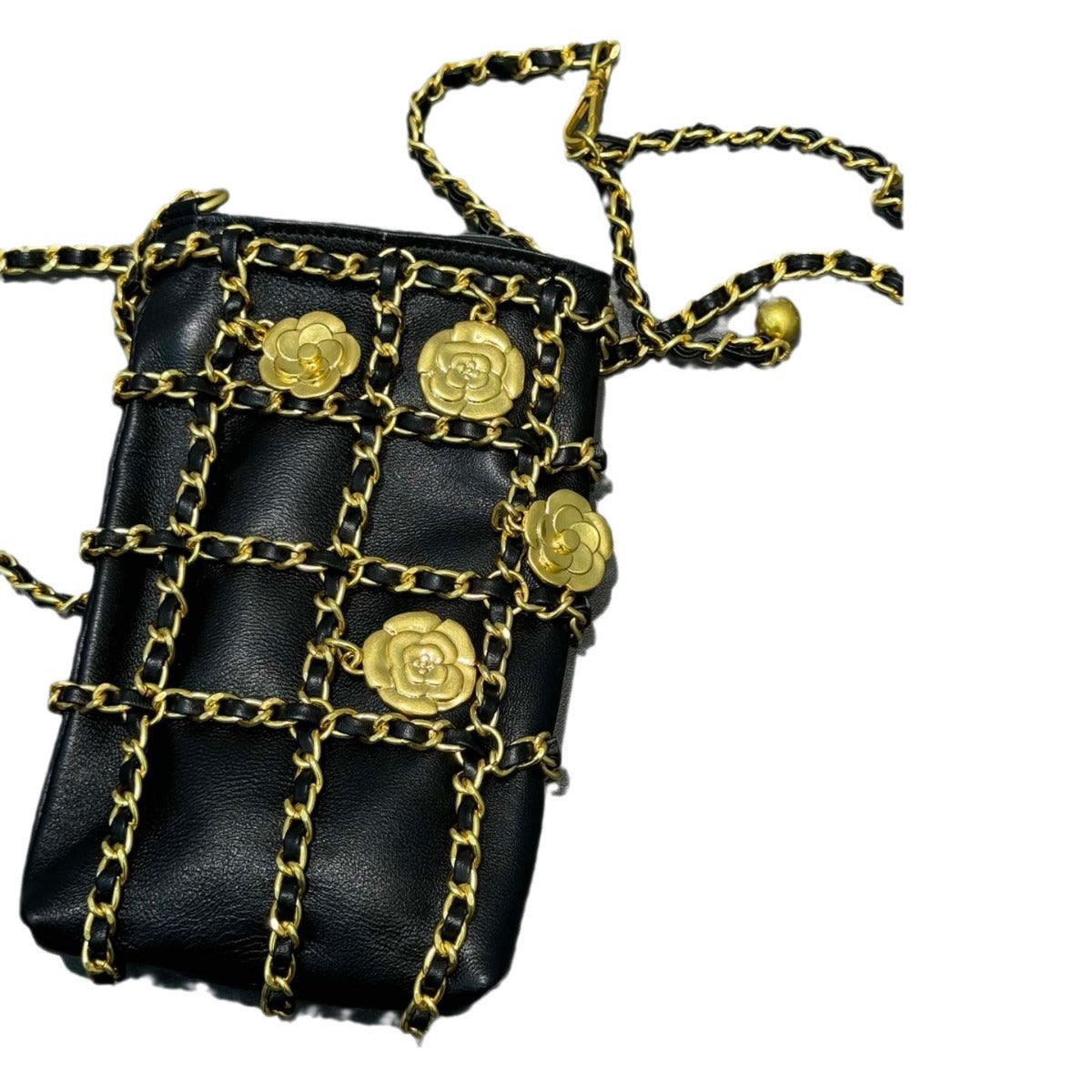 小香风山茶花真皮手机包女2024夏新款迷你菱格链条小包包斜挎包潮