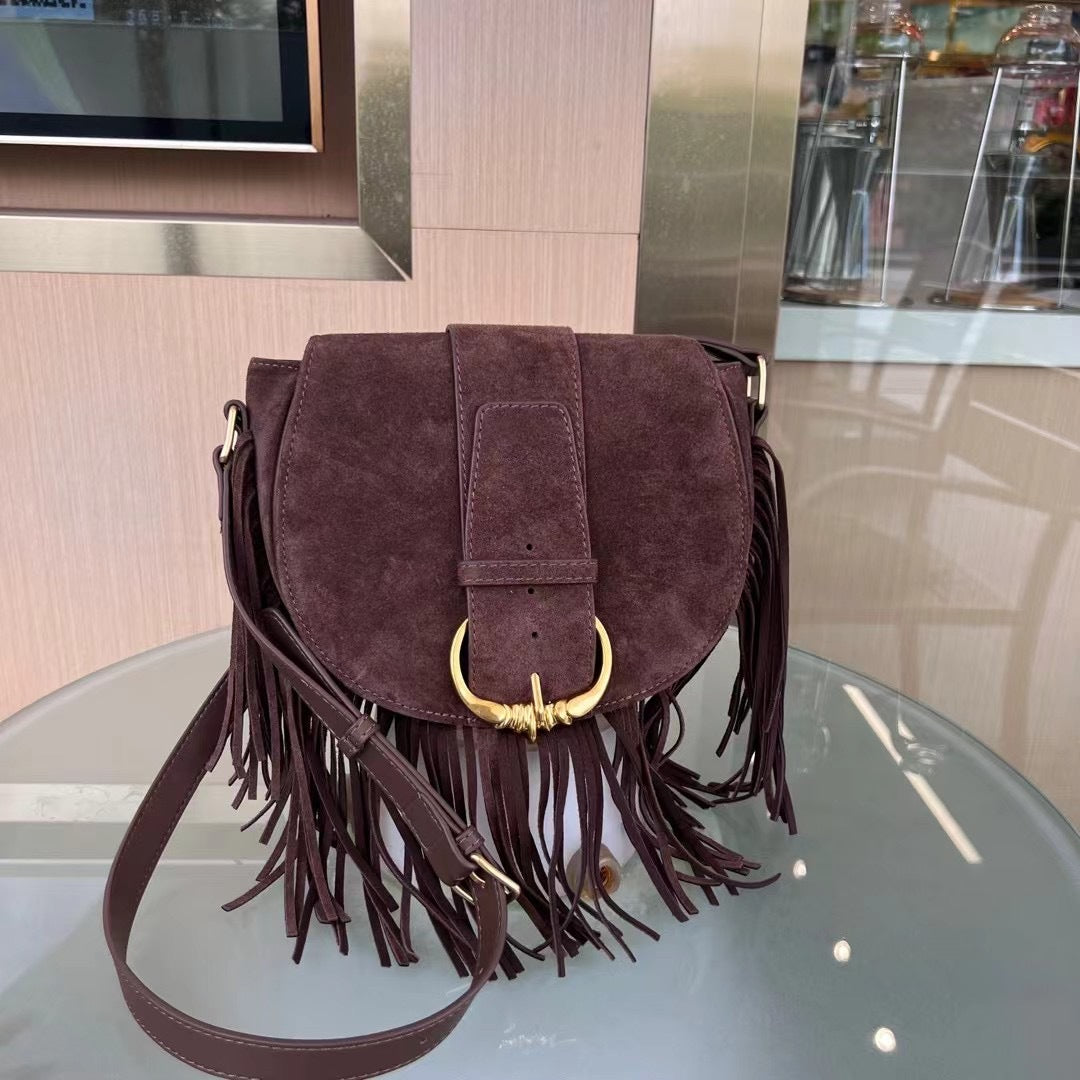 磨砂牛皮猪鼻子流苏包包时尚百搭秋冬麂皮绒女包单肩斜挎马鞍包