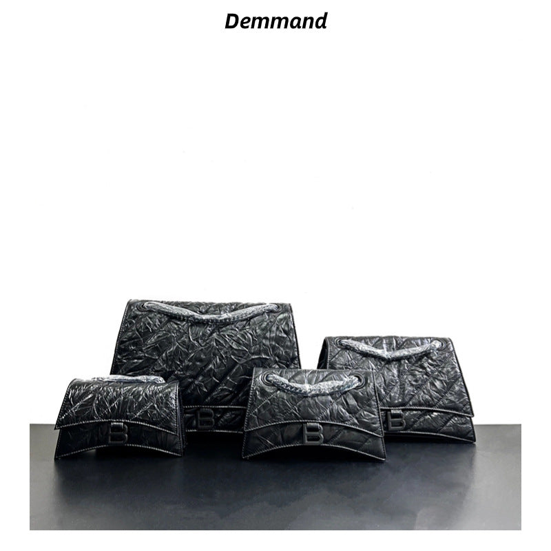 高级感头层牛皮沙漏包2023秋冬新款褶皱菱格链条包b家单肩斜挎女